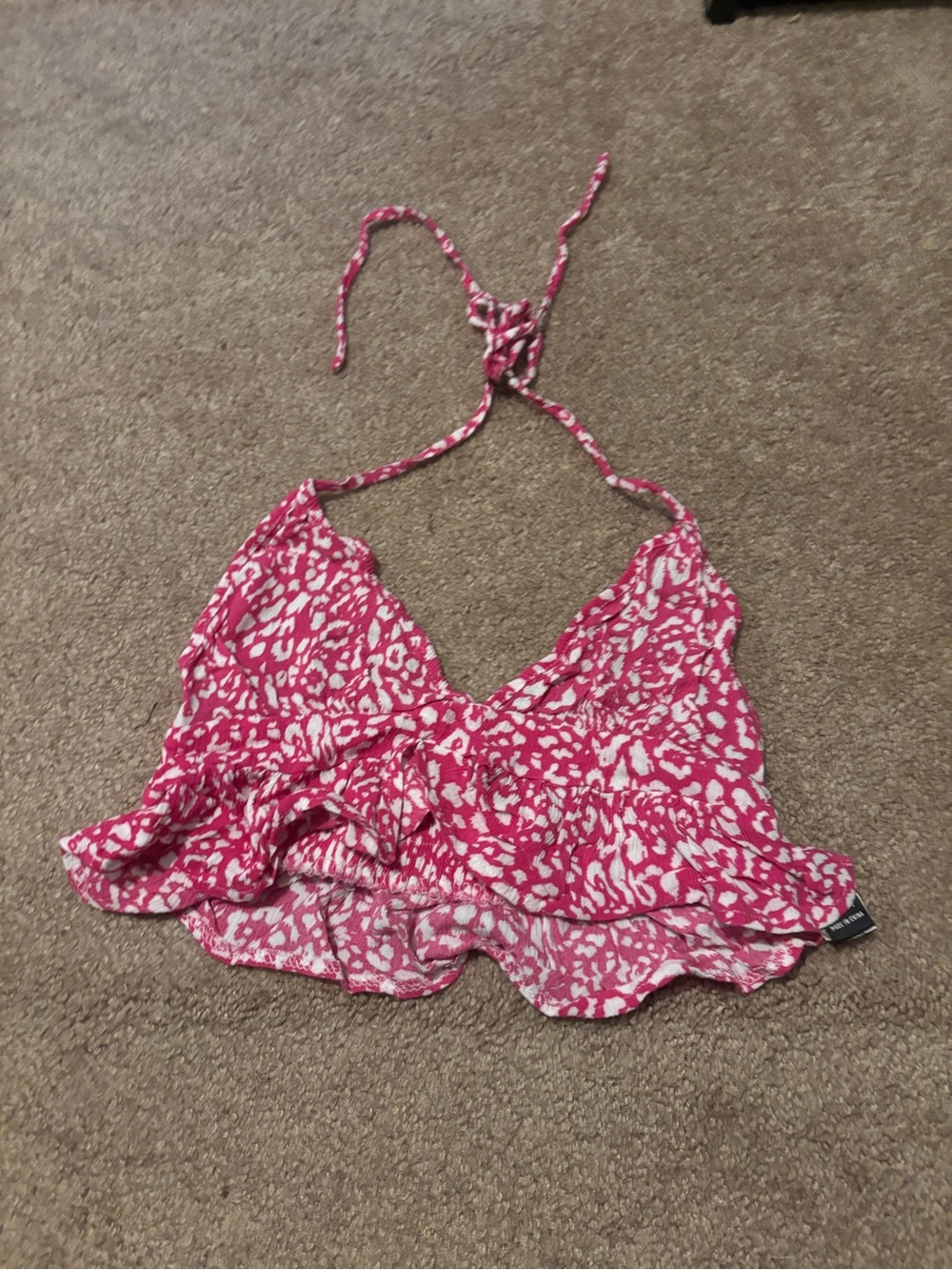 SHEIN Pink White Printed Ruffle Halter Crop Top